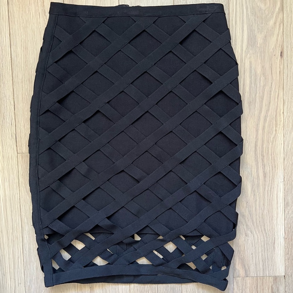 Bebe Black Caged Lattice-Overlay Bodycon Pencil Skirt
